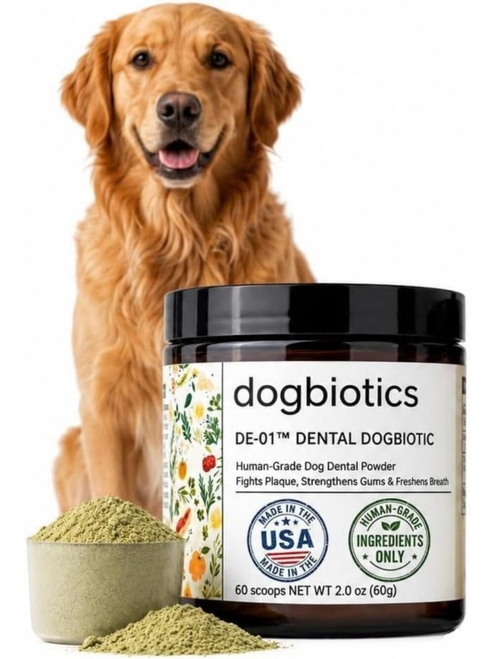 Dog Dental Powder for Plaque, Tartar & Gum Health - Bad Breath Relief, 60 Scoops